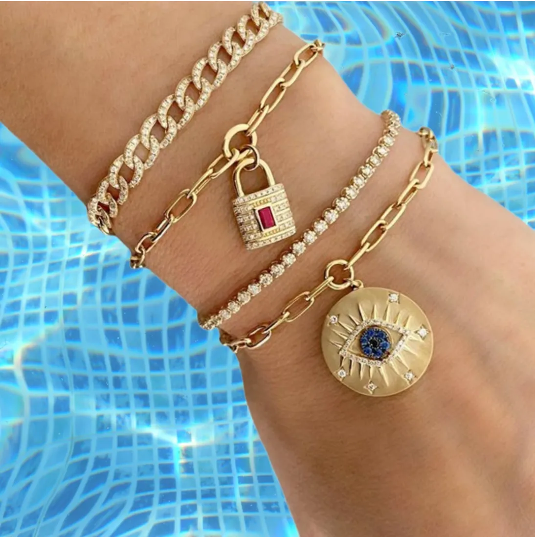 Gemstone Center and Diamonds Lock Charm on Paperclip Bracelet