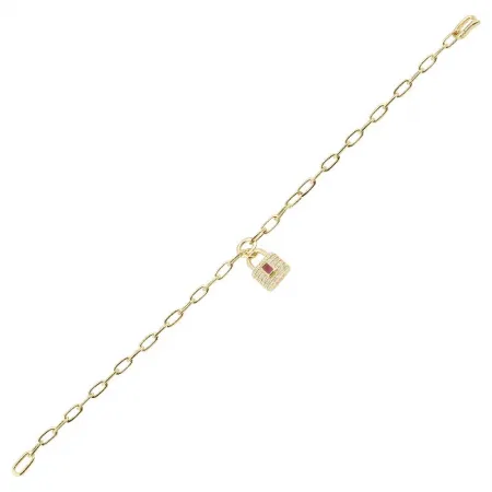 Gemstone Center and Diamonds Lock Charm on Paperclip Bracelet
