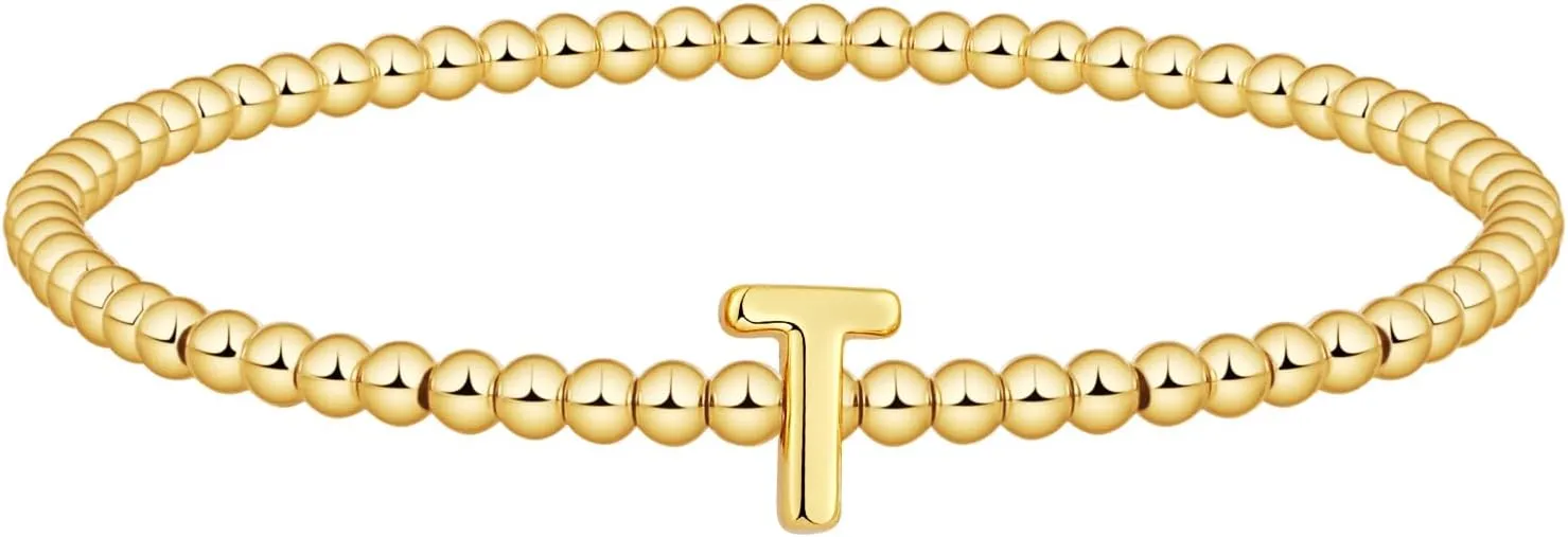 Gold Beaded Bracelets for Women, 14K Gold Plated C Initial Bracelets Trendy Strand Stretch Bracelet Dainty Gold Letter Bracelet for Women Jewelry Gifts
