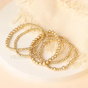 Gold Beaded Bracelets Set for Women Trendy Stretch Bracelet Bead Ball Stackable Chunky Bracelet Gold/Silver Beaded Jewelry Dainty Bracelet Set Gifts for Women (5PCS 3 4 5mm)