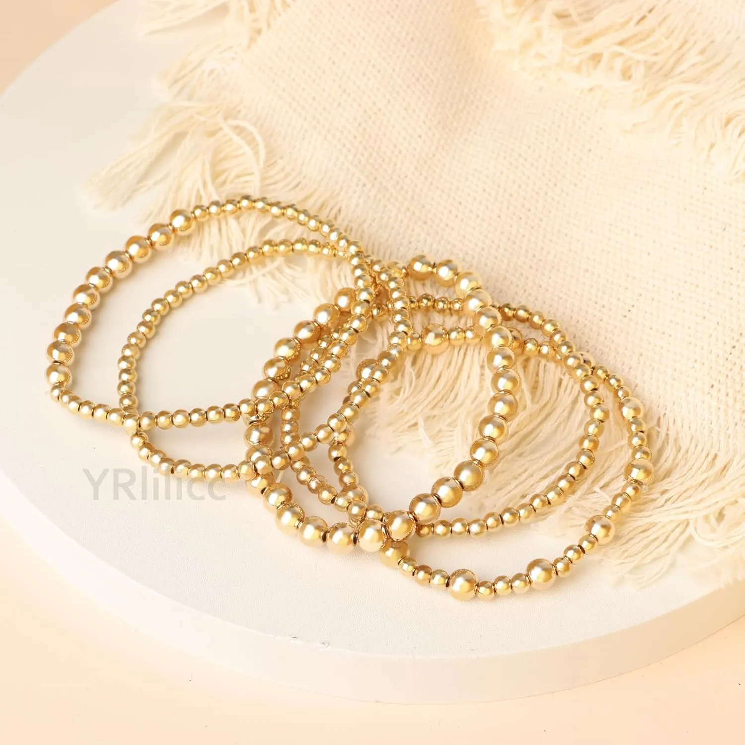 Gold Beaded Bracelets Set for Women Trendy Stretch Bracelet Bead Ball Stackable Chunky Bracelet Gold/Silver Beaded Jewelry Dainty Bracelet Set Gifts for Women (5PCS 3 4 5mm)
