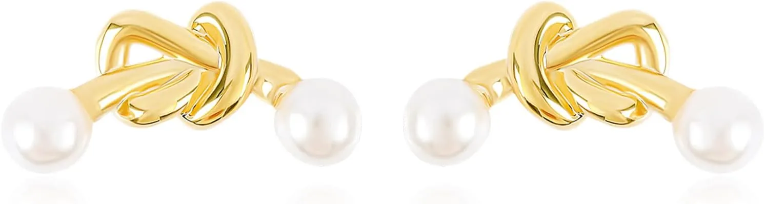 Gold Bow Knot Stud Earrings for Women with Pearl Cute 14K Gold Plated Bowknot Earrings Tiny Bow Knot Elegant Dainty Small Bow Statement Earrings Wedding Christmas Party Jewelry Gift for Women
