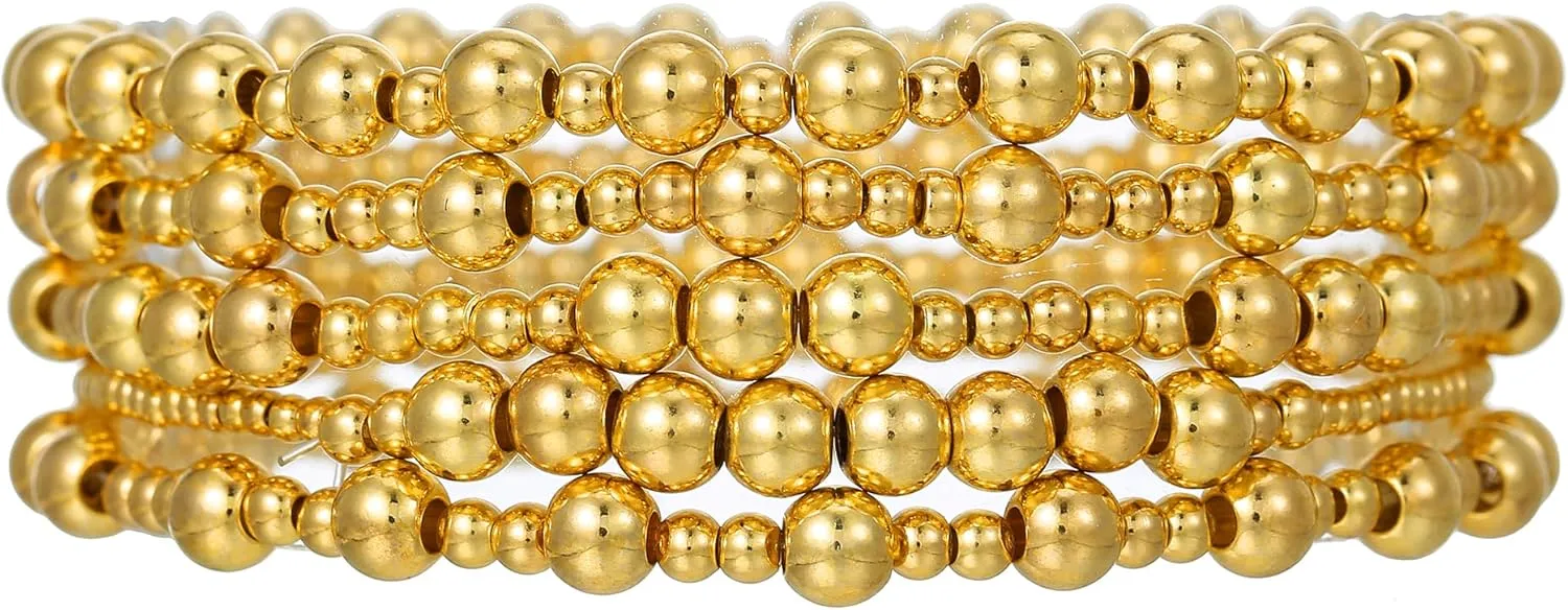 Gold Bracelets for Women 14K Gold Plated Beaded Non Tarnish Bracelets Stretch Bead Ball Bracelet Stack Set Jewelry for Gifts