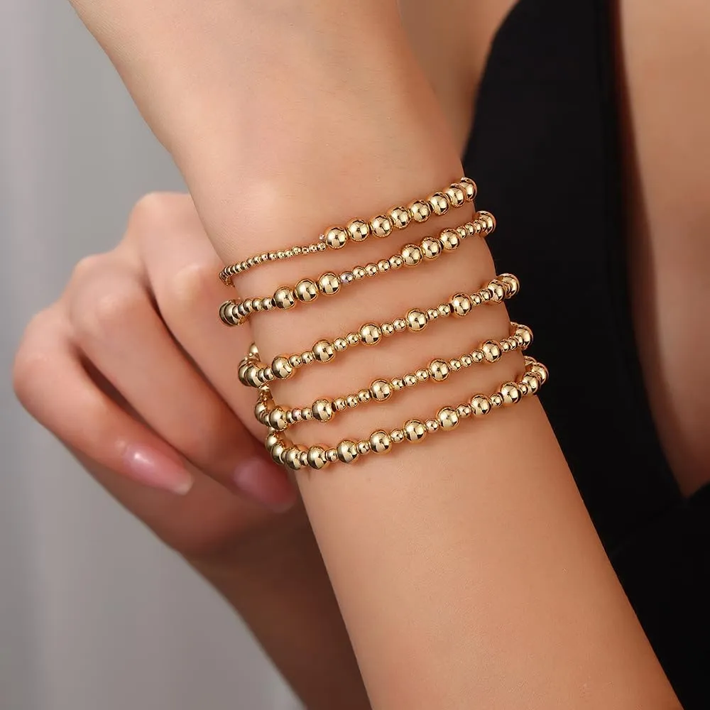 Gold Bracelets for Women 14K Gold Plated Beaded Non Tarnish Bracelets Stretch Bead Ball Bracelet Stack Set Jewelry for Gifts