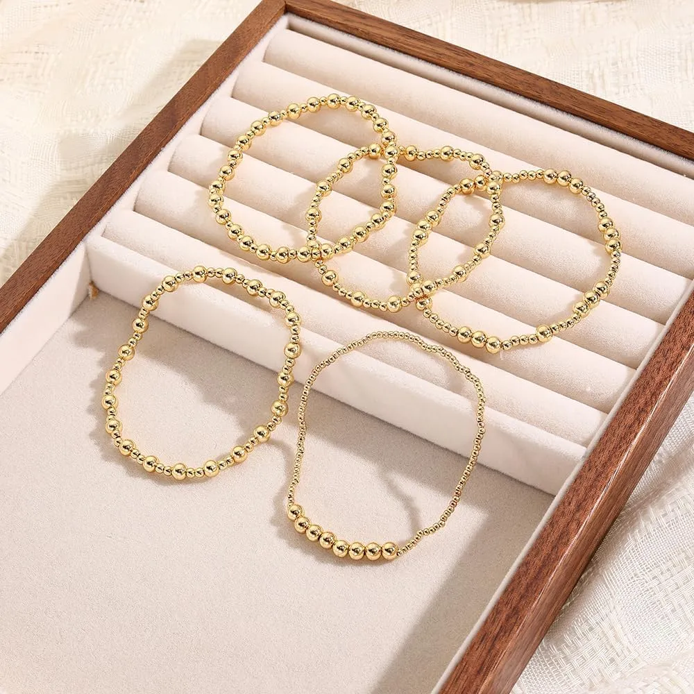 Gold Bracelets for Women 14K Gold Plated Beaded Non Tarnish Bracelets Stretch Bead Ball Bracelet Stack Set Jewelry for Gifts
