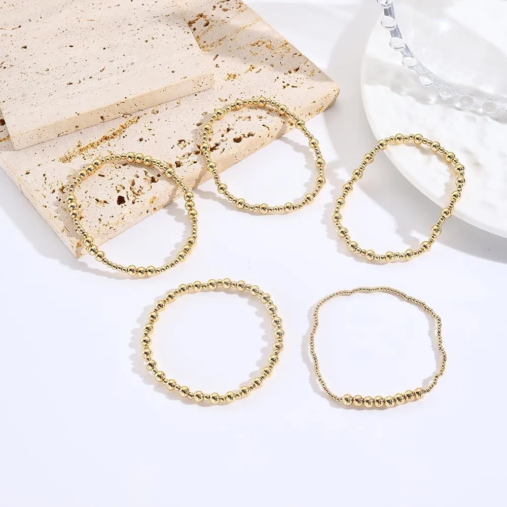 Gold Bracelets for Women 14K Gold Plated Beaded Non Tarnish Bracelets Stretch Bead Ball Bracelet Stack Set Jewelry for Gifts