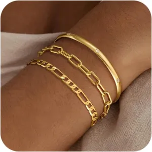 Gold Bracelets for Women Trendy,Dainty 14k Gold Plated Stackable Bangle Bracelets Set Gold Adjustable Paperclip Chain Figaro Bracelet Cute Fashion Jewelry Gifts for Women
