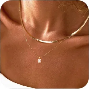 Gold Layered Necklace for Woman 14K Real Gold Silver Necklace Set Dainty Herringbone Necklace Trendy Choker Necklace Zirconia Pendant Gold Jewelry for Woman Gift