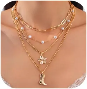Gold Layered Necklace for Women Heart Starfish Flower Conch Pendant Necklace Gold Statement Choker Jewelry