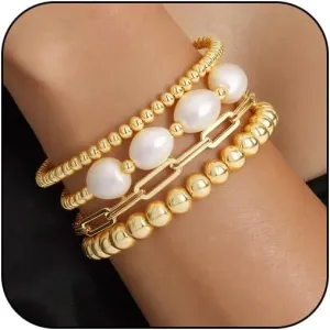 Gold Pearl Beaded Paperclip Bracelets Stack for Women Adjustable Pearls Beads Chain Fashion Stretch Stacked Bangle Elastic Bracelet Set Trendy Jewelry