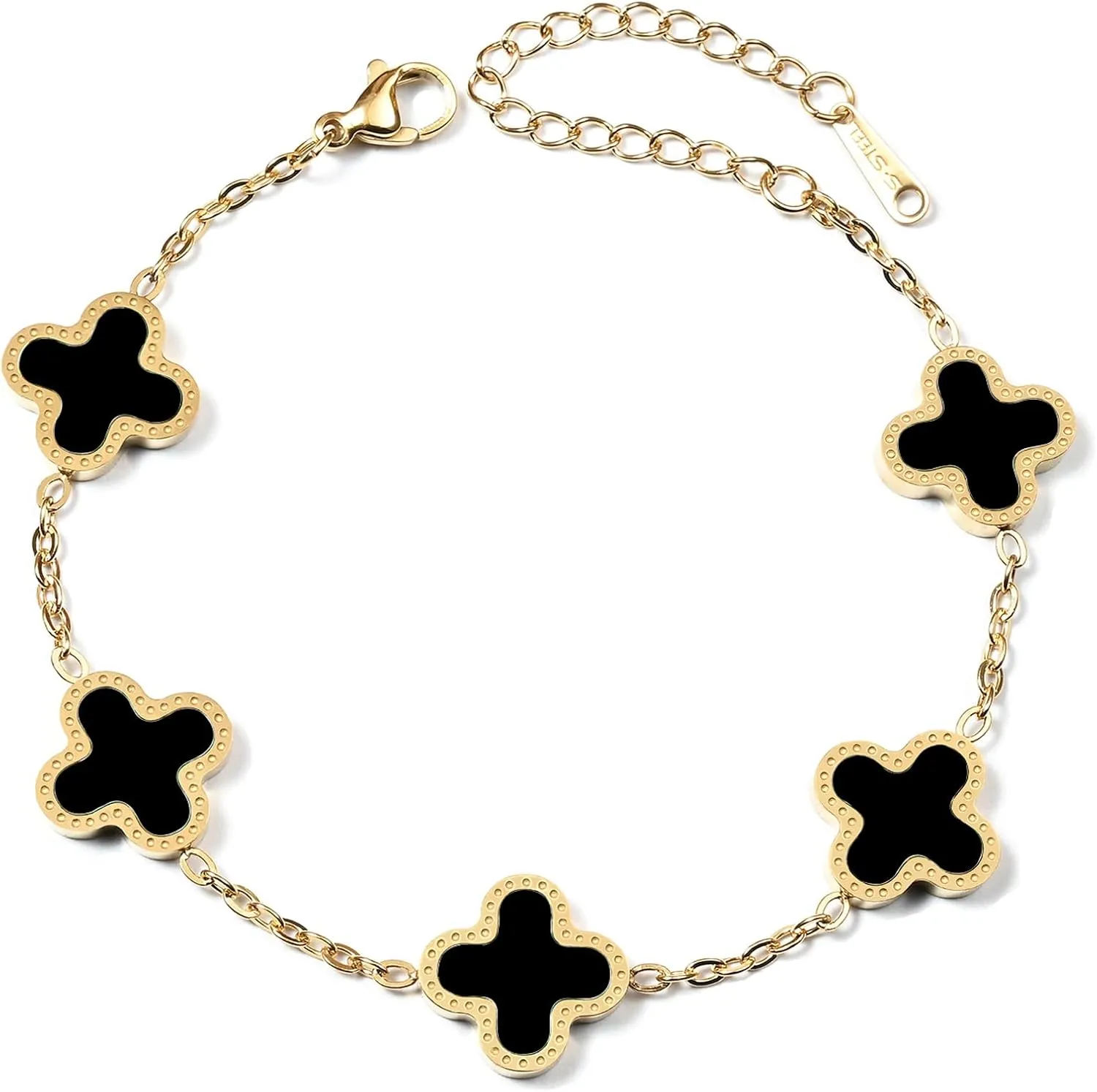 Gold Plated Jewelry Bracelet for Women Van Cleef Non Tarnish Bracelet Leaf Clover Charm Flower Bracelet for Women Trendy (Black)