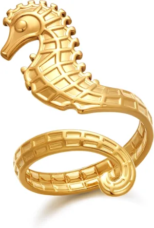Gold Seahorse Statement Rings For Women With Texture Open Adjustable Wrap Band Rings Summer Beach Jewelry