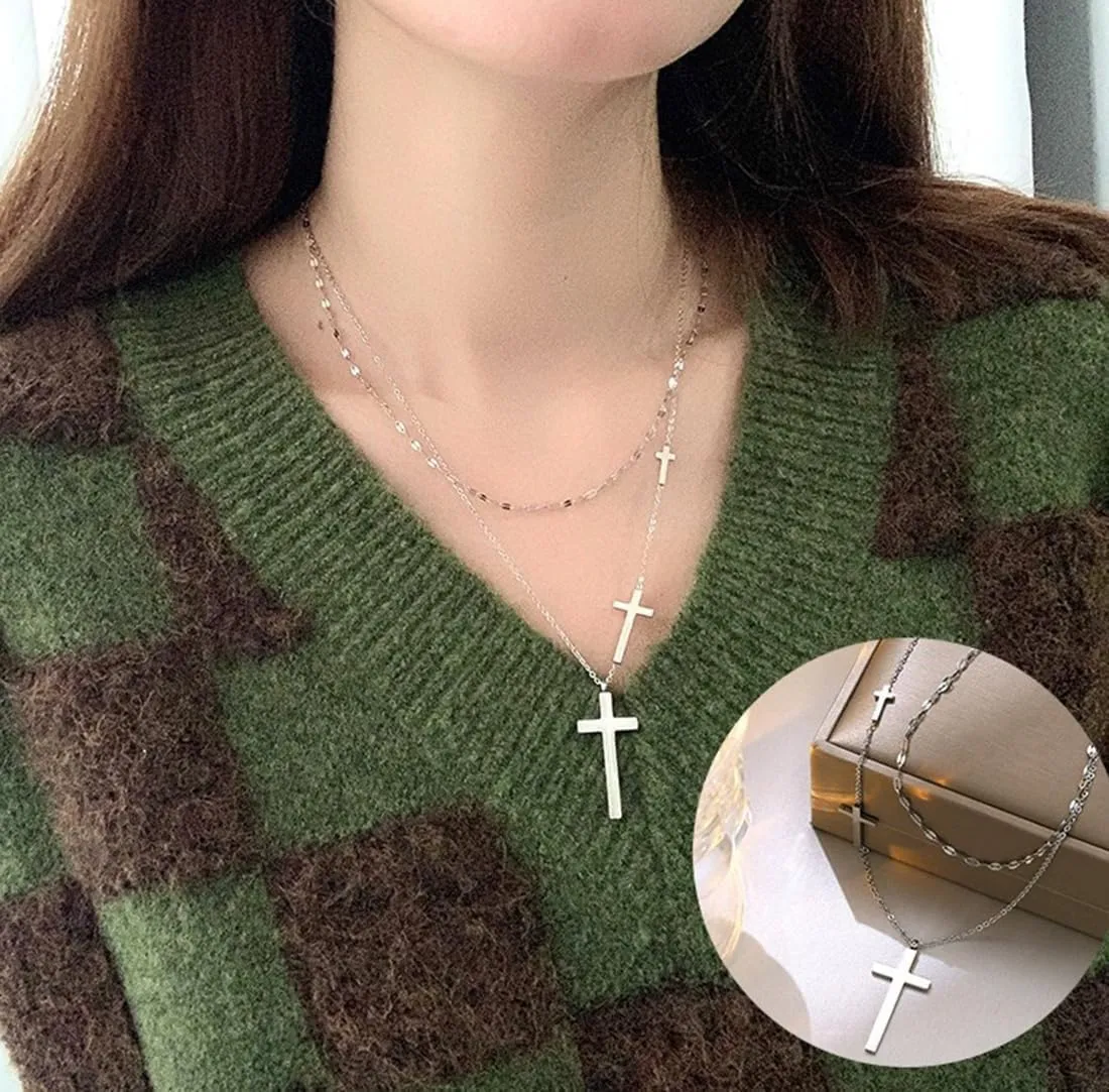 Gold Silver Layered Cross Necklace for Women Dainty Simple Cross Pendant Faith Jewelry Men Gift
