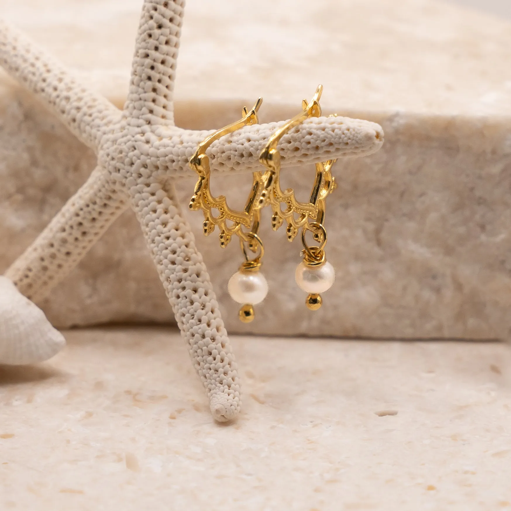 Golden Pearl Crown Hoops