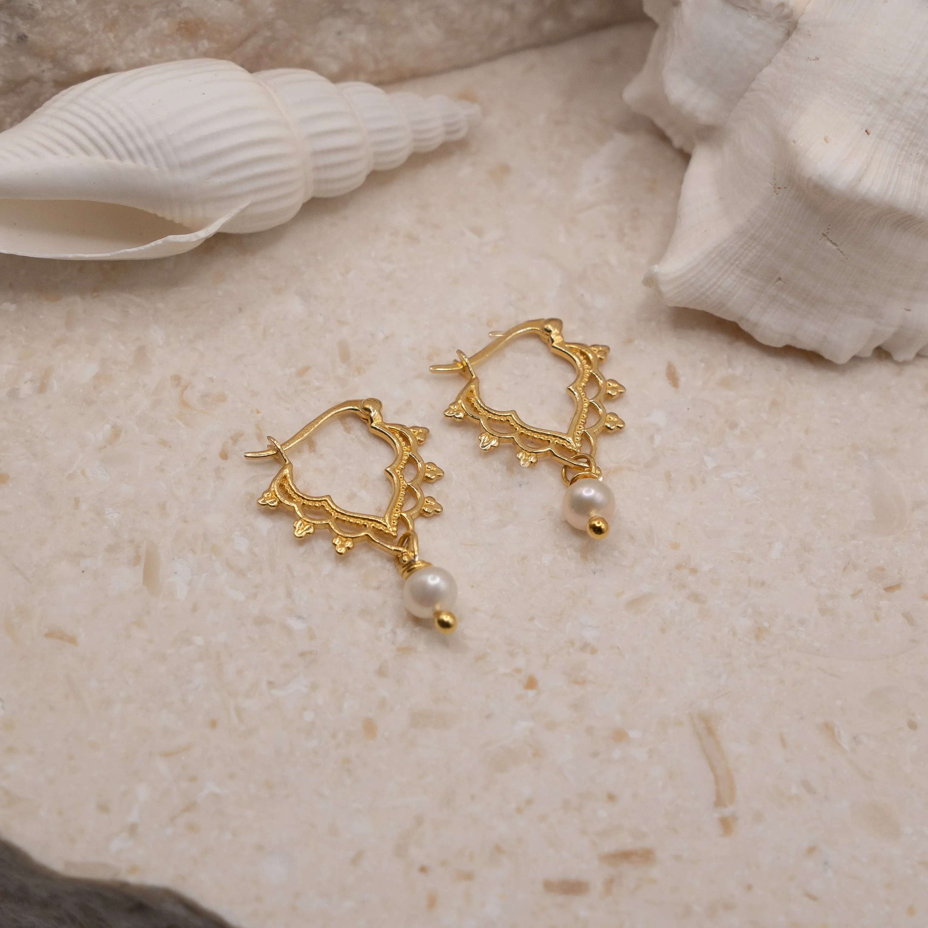 Golden Pearl Crown Hoops