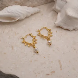 Golden Pearl Crown Hoops