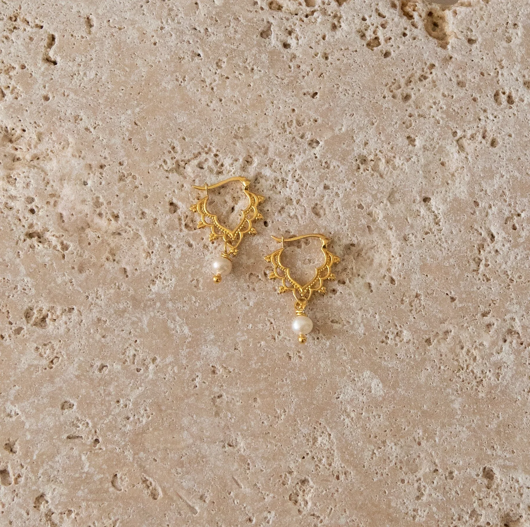 Golden Pearl Crown Hoops