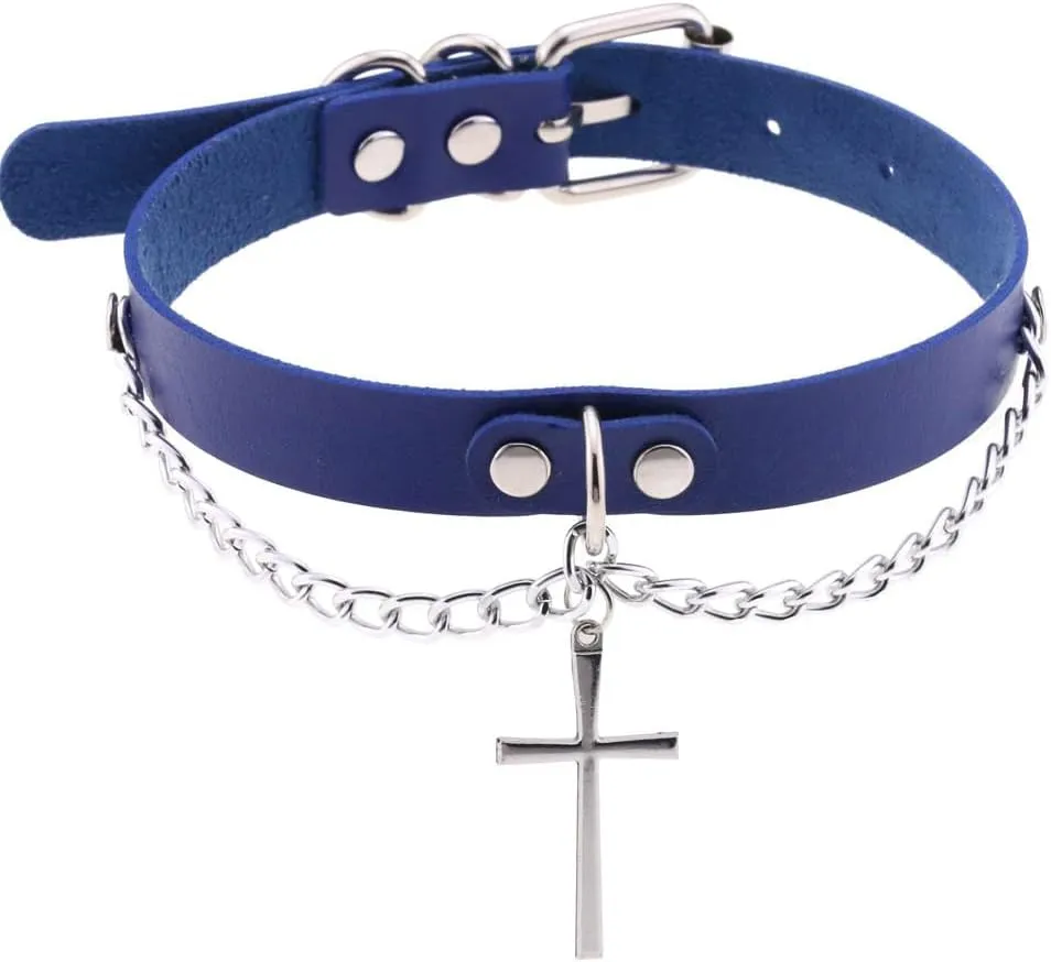 Goth PU Leather Cross Choker Collar Necklaces for Women Punk Costume Jewelry Adjustable
