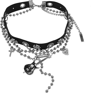 Gothic Guitar Necklace Jewelry-Goth PU Leather Choker Necklaces for Women-Guitar Heart Punk Rock Adjustable Black Collar Choker Necklaces Birthday Gifts