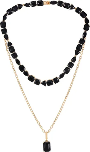 GUESS Goldtone Jet Black Crystal Glass Stone Layered Pendant Necklace
