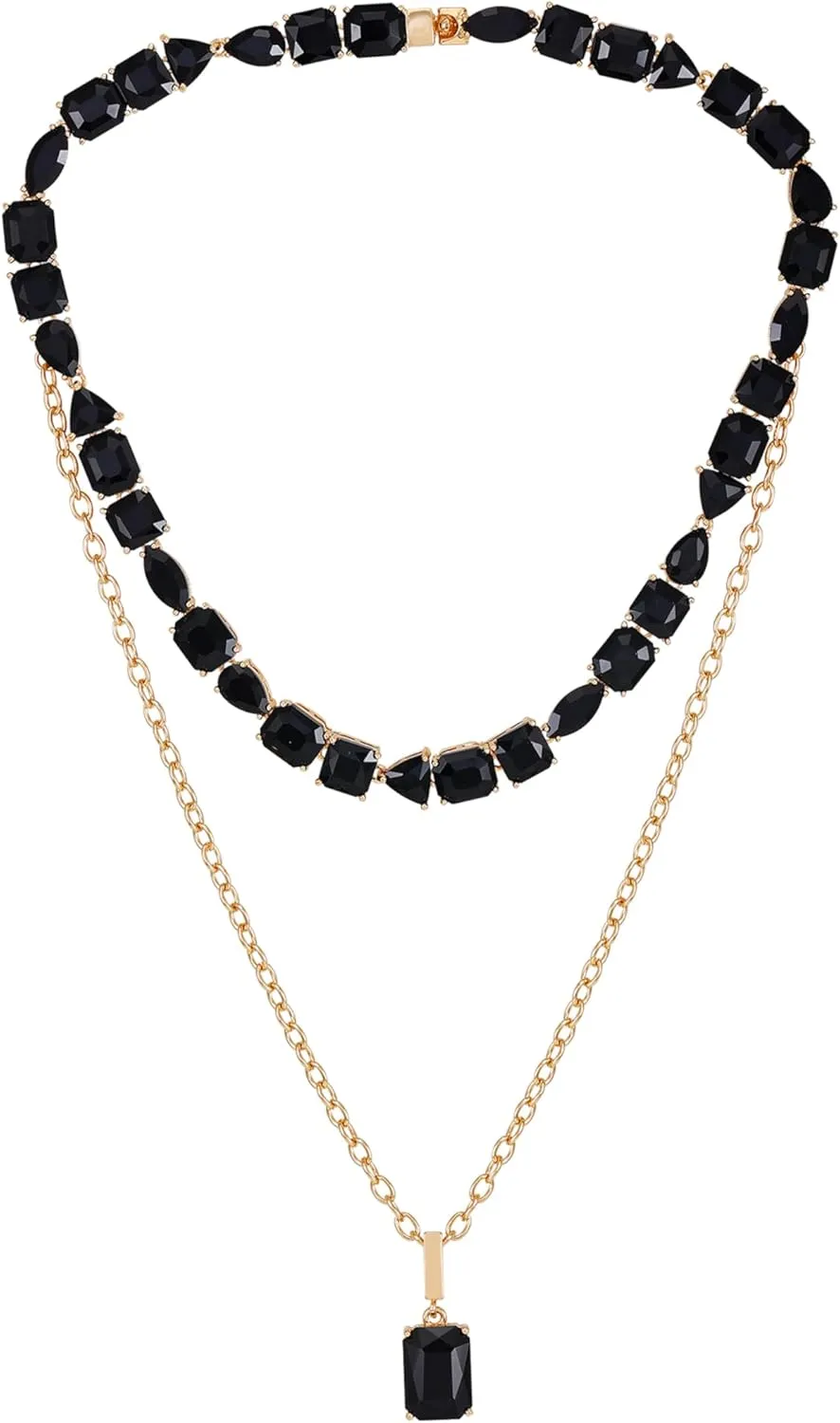 GUESS Goldtone Jet Black Crystal Glass Stone Layered Pendant Necklace