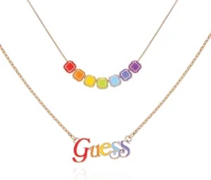 GUESS Goldtone Rainbow Glass Stones Logo Layered Necklace