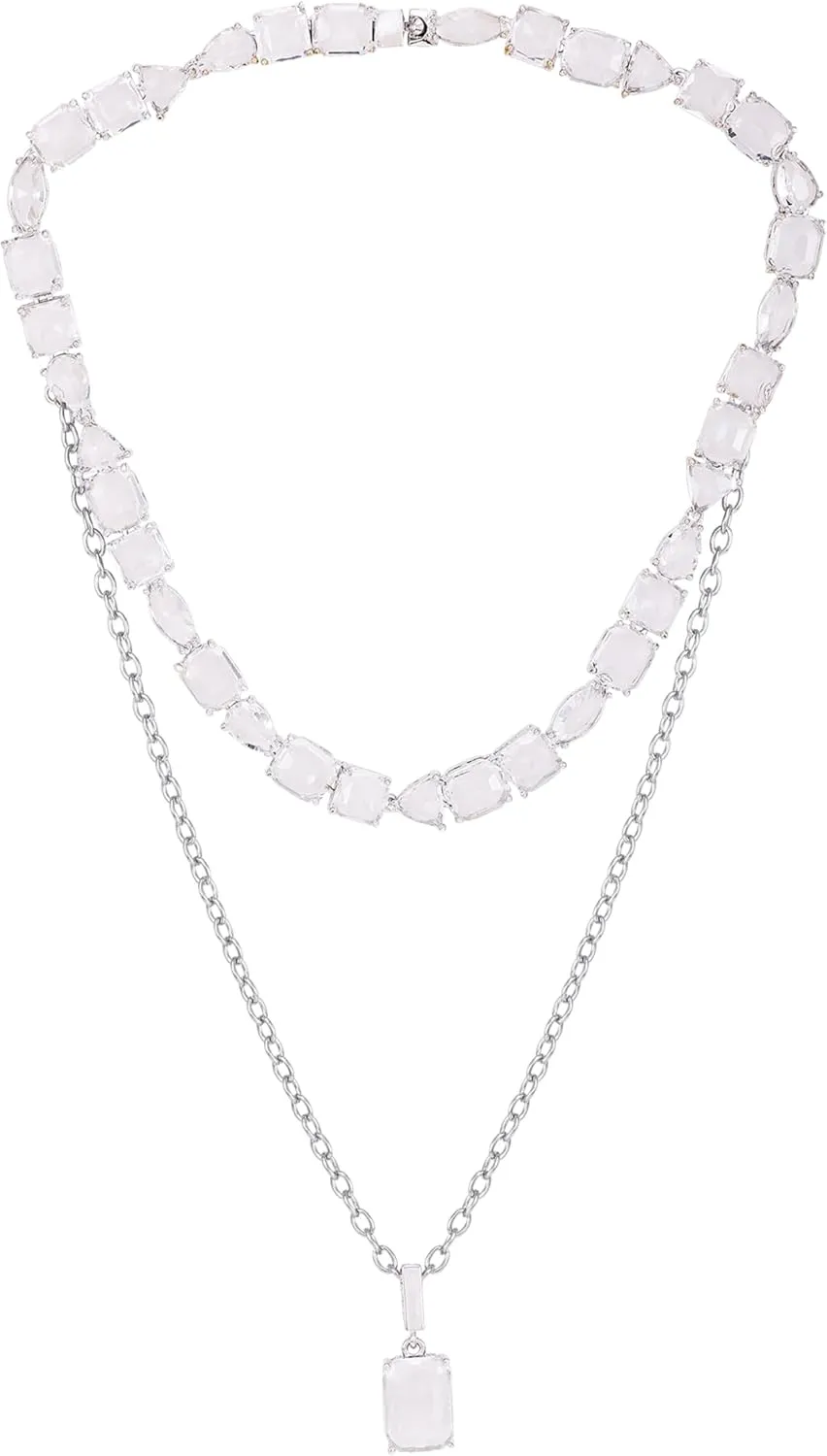 GUESS Silvertone Clear Crystal Glass Stone Layered Pendant Necklace