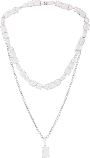 GUESS Silvertone Clear Crystal Glass Stone Layered Pendant Necklace