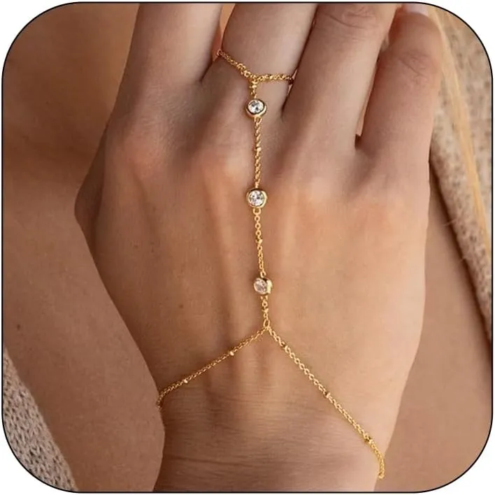 Hand Chain Ring Bracelet for Women Dainty Finger Ring Bracelet Bohemian Slave Bracelets Rhinestone Rings Hand Chain Bracelets Trendy Jewelry for Women
