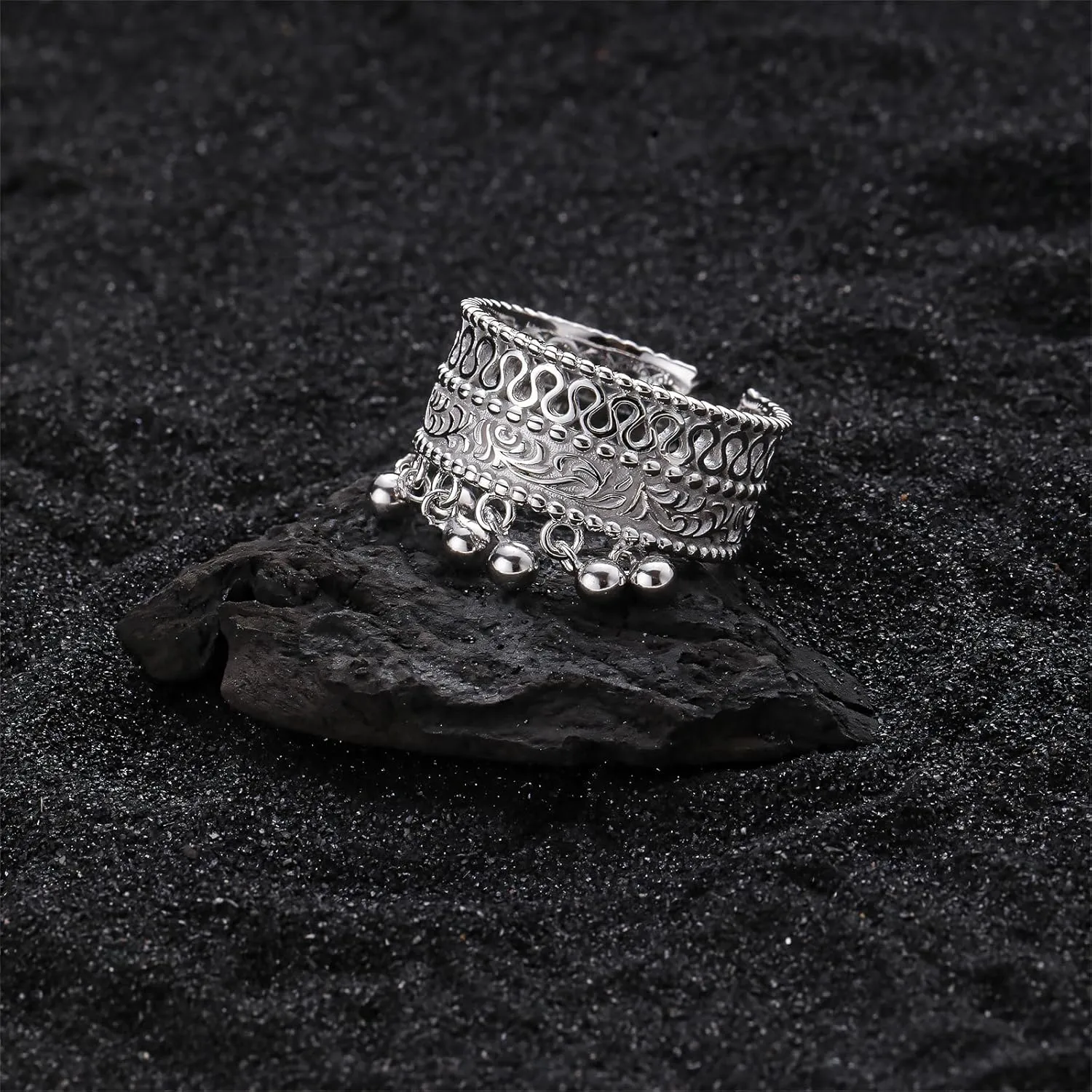 Handmade 925 Sterling Silver Rings For Women Hollow Rings With Bells Wide Band Lace Rings Charm Ring Chunky Rings Open Adjustable Rings Vintage Statement Ring Wrap Finger Rings Fashion Jewelry Gift