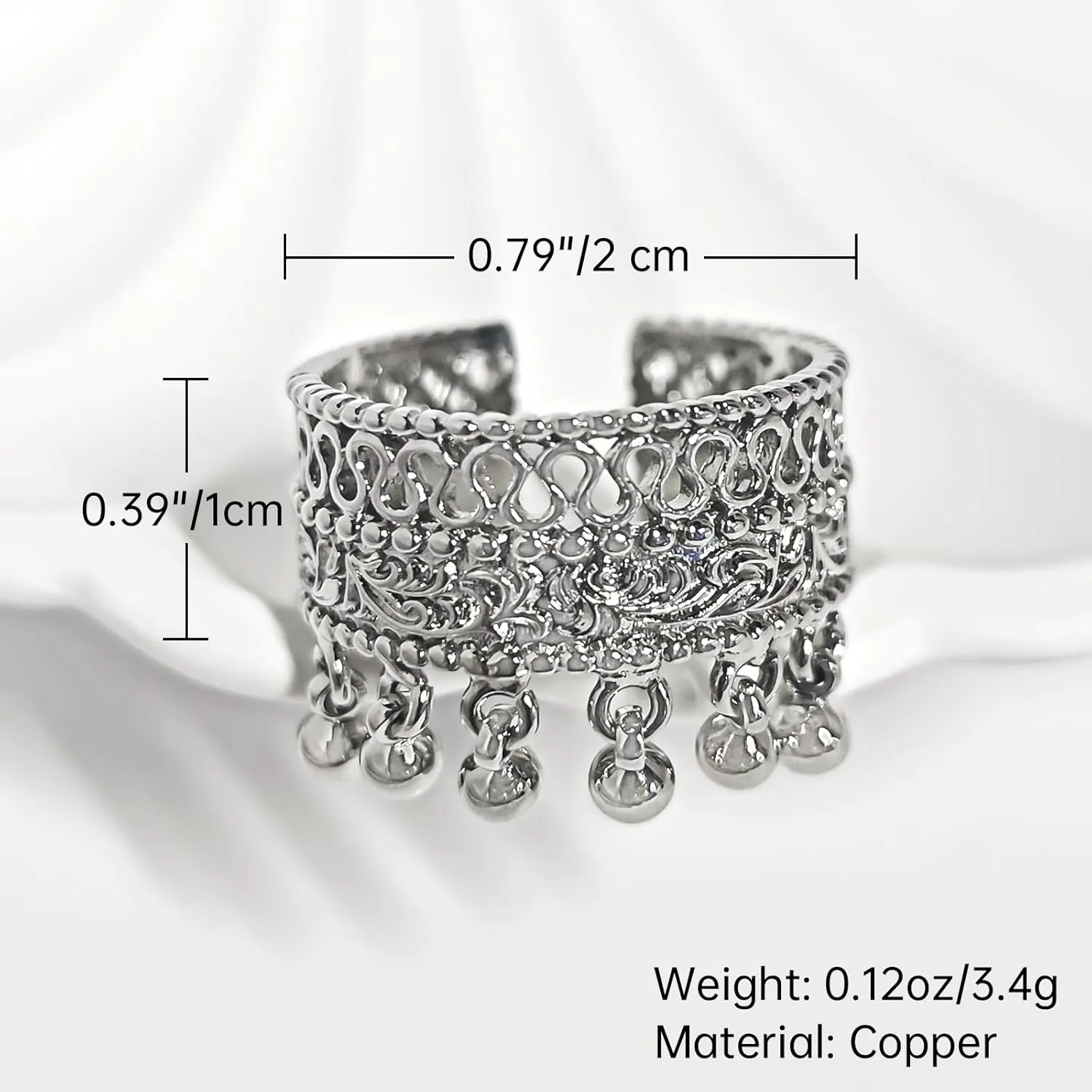 Handmade 925 Sterling Silver Rings For Women Hollow Rings With Bells Wide Band Lace Rings Charm Ring Chunky Rings Open Adjustable Rings Vintage Statement Ring Wrap Finger Rings Fashion Jewelry Gift