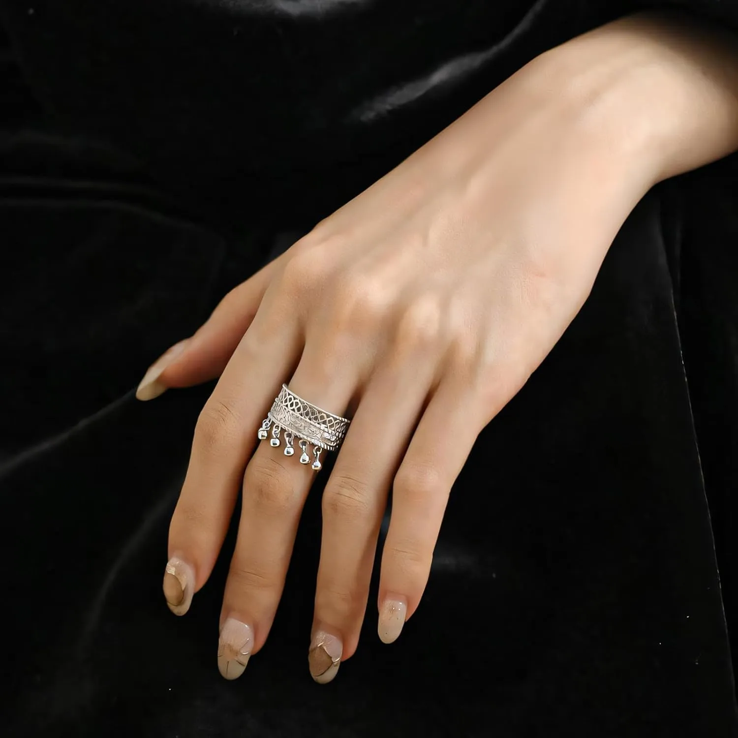 Handmade 925 Sterling Silver Rings For Women Hollow Rings With Bells Wide Band Lace Rings Charm Ring Chunky Rings Open Adjustable Rings Vintage Statement Ring Wrap Finger Rings Fashion Jewelry Gift