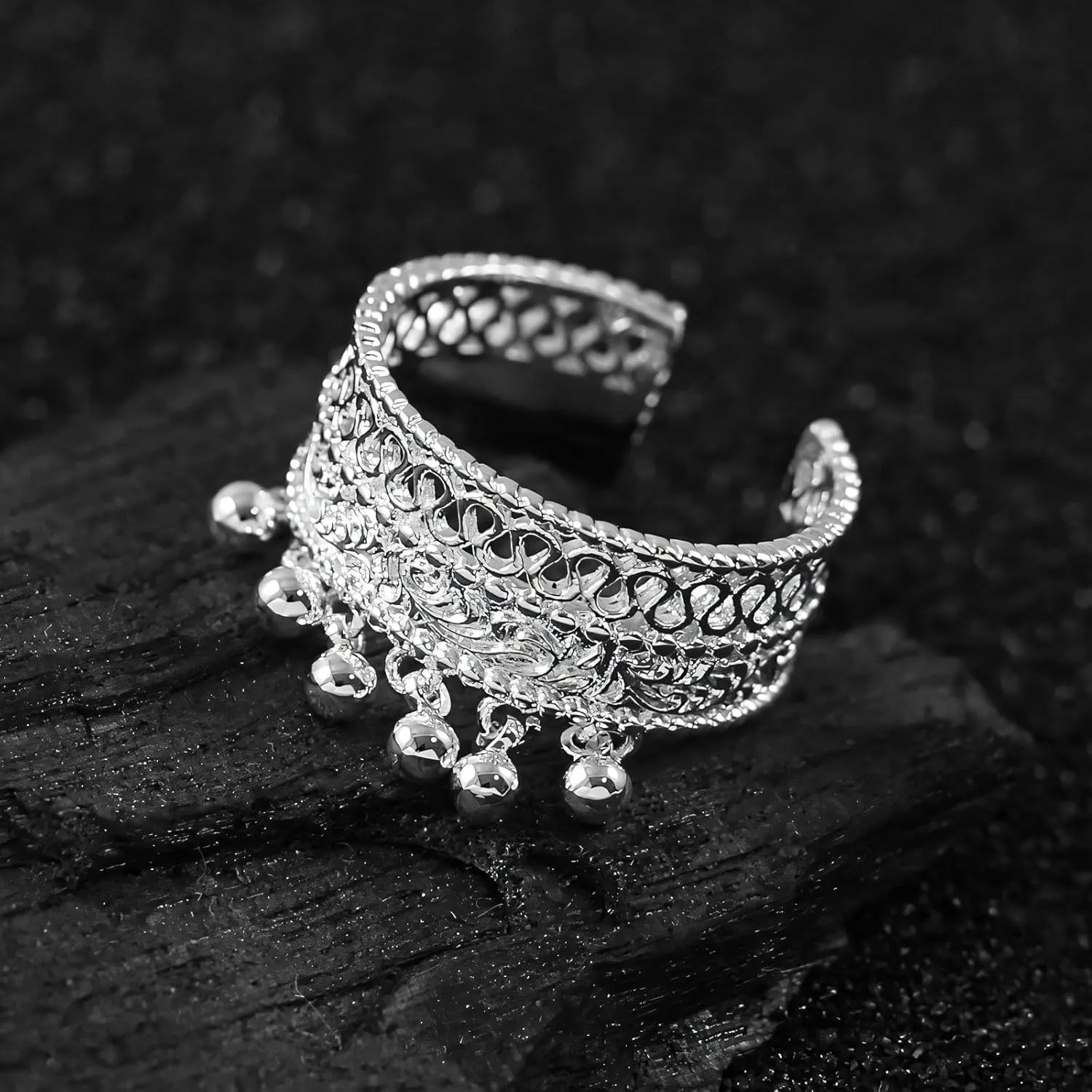 Handmade 925 Sterling Silver Rings For Women Hollow Rings With Bells Wide Band Lace Rings Charm Ring Chunky Rings Open Adjustable Rings Vintage Statement Ring Wrap Finger Rings Fashion Jewelry Gift