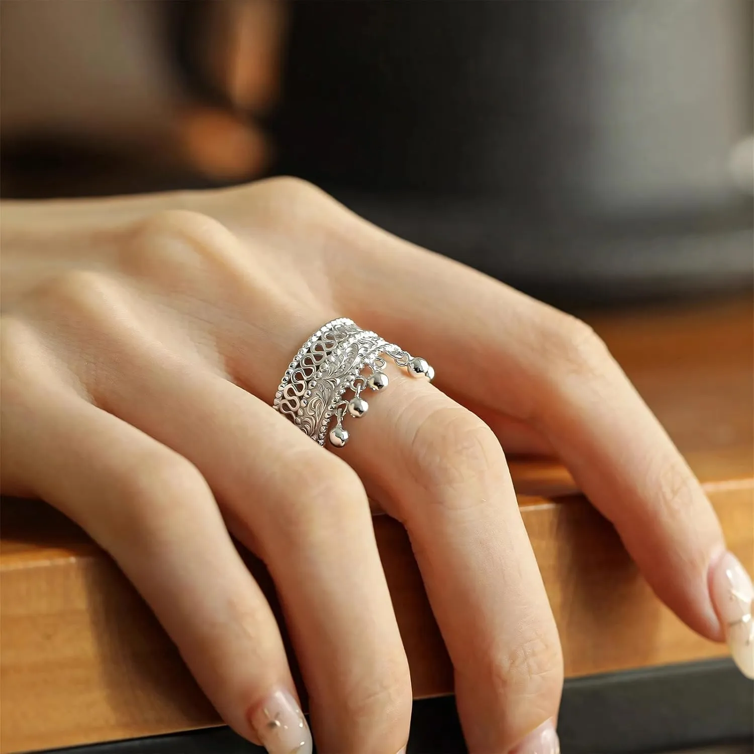 Handmade 925 Sterling Silver Rings For Women Hollow Rings With Bells Wide Band Lace Rings Charm Ring Chunky Rings Open Adjustable Rings Vintage Statement Ring Wrap Finger Rings Fashion Jewelry Gift