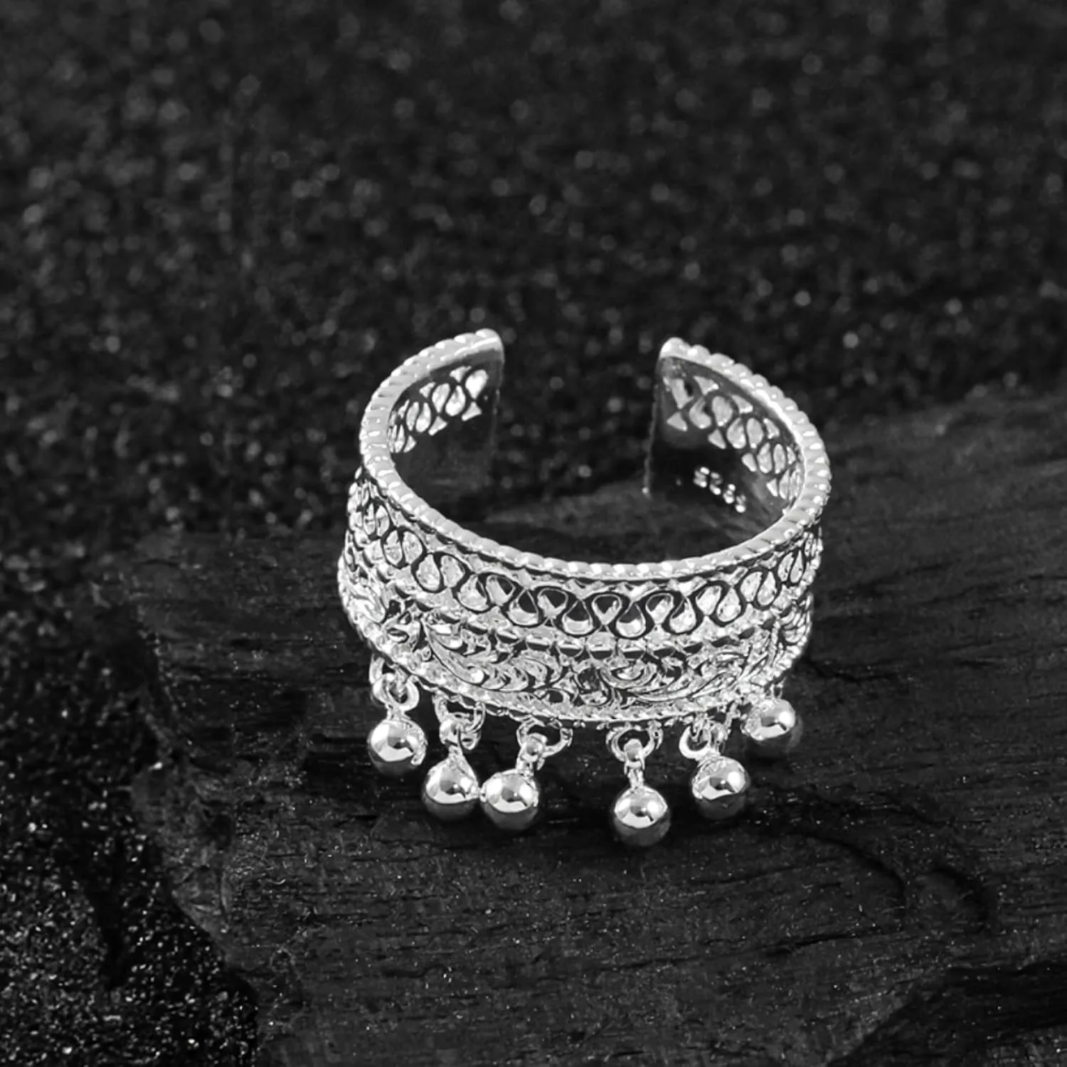 Handmade 925 Sterling Silver Rings For Women Hollow Rings With Bells Wide Band Lace Rings Charm Ring Chunky Rings Open Adjustable Rings Vintage Statement Ring Wrap Finger Rings Fashion Jewelry Gift