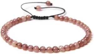 Handmade Beaded Bracelet, Suitable for Both Men and Women, 4mm Fine Beaded Bracelet Woven Adjustable Natural Stone Beaded Handmade Bracelet (Light Red)