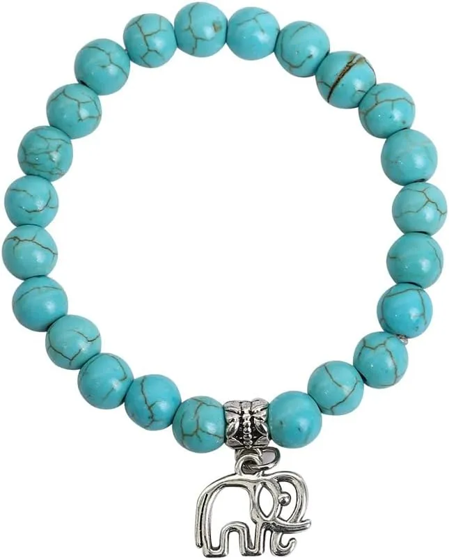 Handmade Beaded Bracelet, Suitable for Both Men and Women, Animal Pattern Pendant, Natural Stone Beaded Bracelet (Blue, Elephant Pendant)