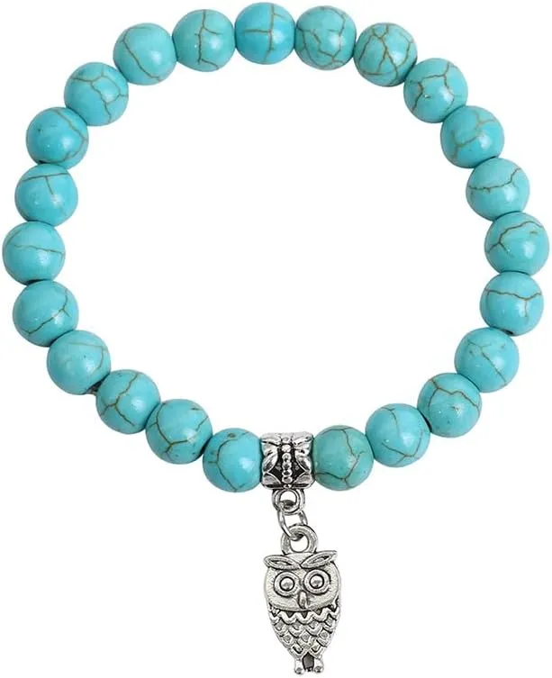 handmade beaded bracelet, suitable for both men and women, animal pattern pendant, natural stone beaded bracelet (blue, owl pendant)