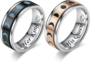 Her King & His Queen Couple Rings for Boyfriend Girlfriend Vintage Moon Phase Stainless Steel Spinner Rings Wedding Band Promise Engagement Ring for Him and Her,Black Rose Gold Plated