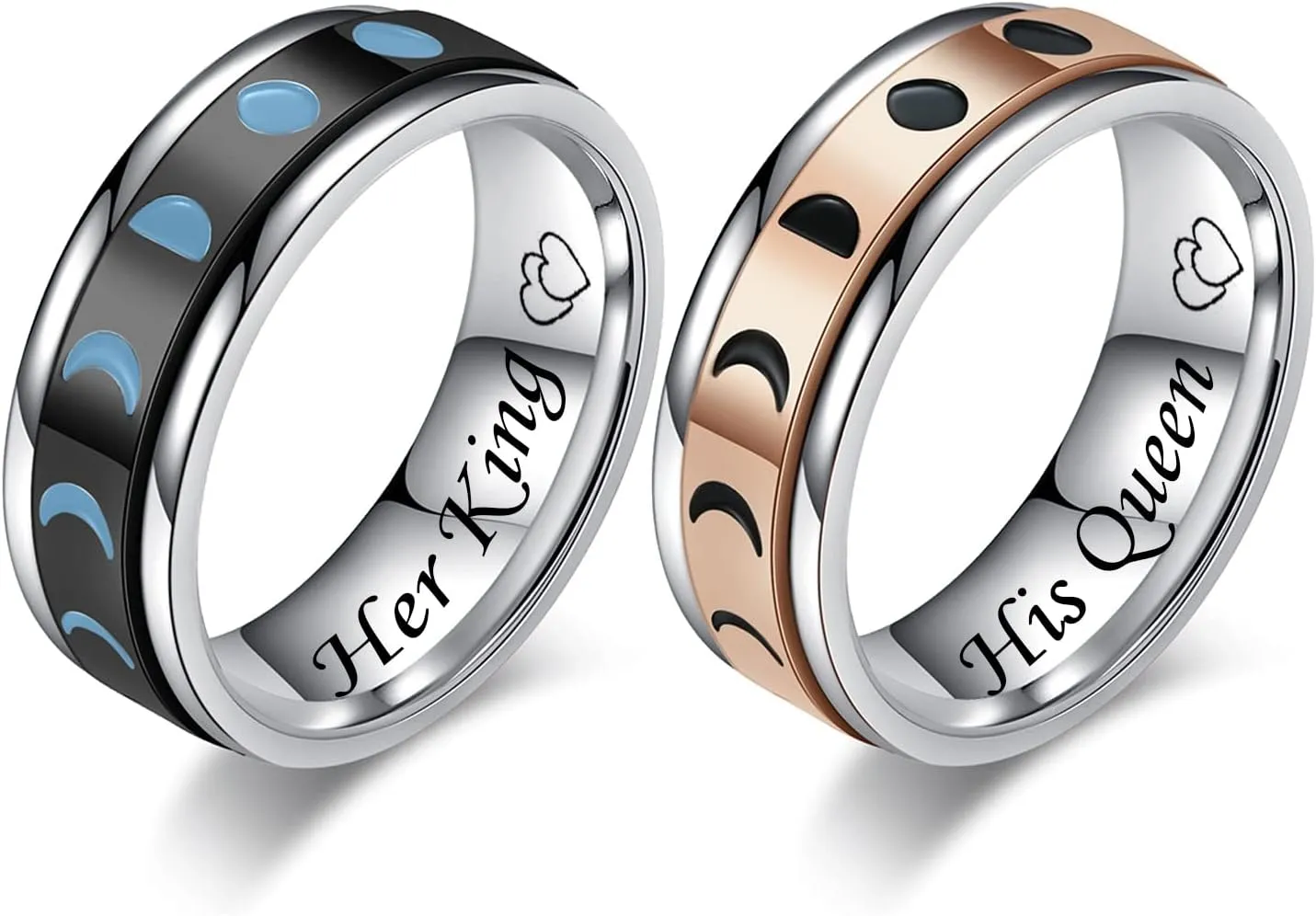 Her King & His Queen Couple Rings for Boyfriend Girlfriend Vintage Moon Phase Stainless Steel Spinner Rings Wedding Band Promise Engagement Ring for Him and Her,Black Rose Gold Plated