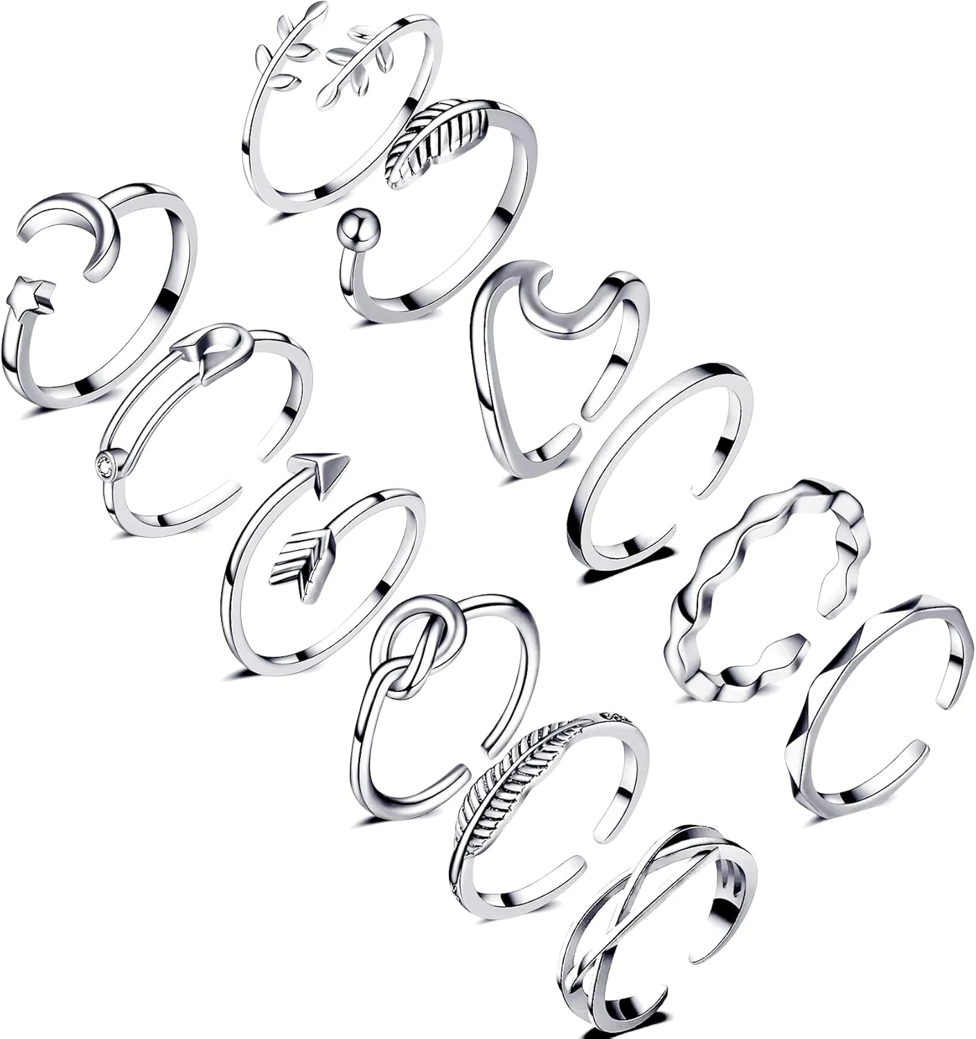 Honsny 12PCS Rings for Women Adjustable Rings Arrow Knot Wave Cute Star Moon Band Open Rings Stackable Thumb Joint Finger Silver Rings Set for Teen