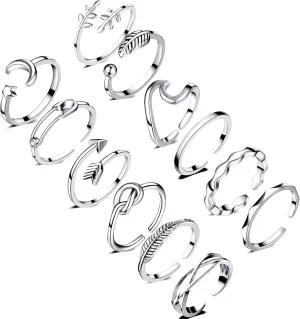 Honsny 12PCS Rings for Women Adjustable Rings Arrow Knot Wave Cute Star Moon Band Open Rings Stackable Thumb Joint Finger Silver Rings Set for Teen