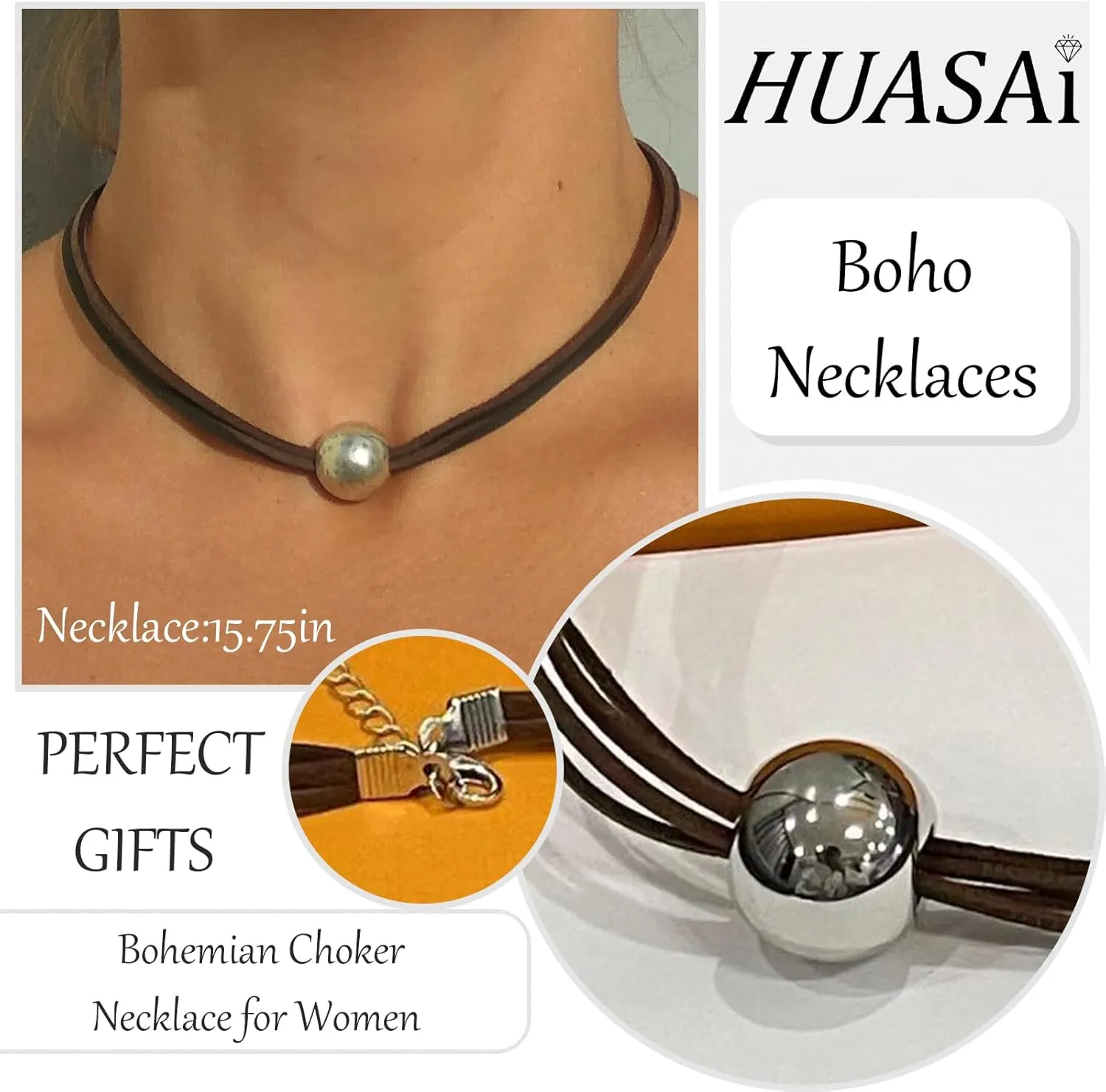 HUASAI Boho Necklaces for Women Western Jewelry Country Concert Outfits for Women Layered Brown Choker Necklace Leather Boho Necklace Western Cowgirl Outfits Jewelry