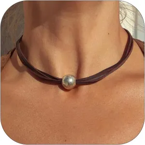 HUASAI Boho Necklaces for Women Western Jewelry Country Concert Outfits for Women Layered Brown Choker Necklace Leather Boho Necklace Western Cowgirl Outfits Jewelry