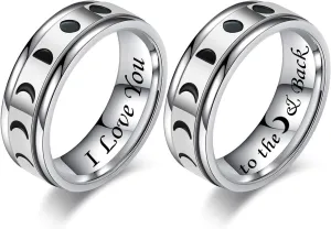 I Love You to The Moon & Back Couple Rings for Boyfriend Girlfriend Vintage Moon Phase Stainless Steel Spinner Rings Wedding Band Promise Engagement Ring for Him and Her,Silver