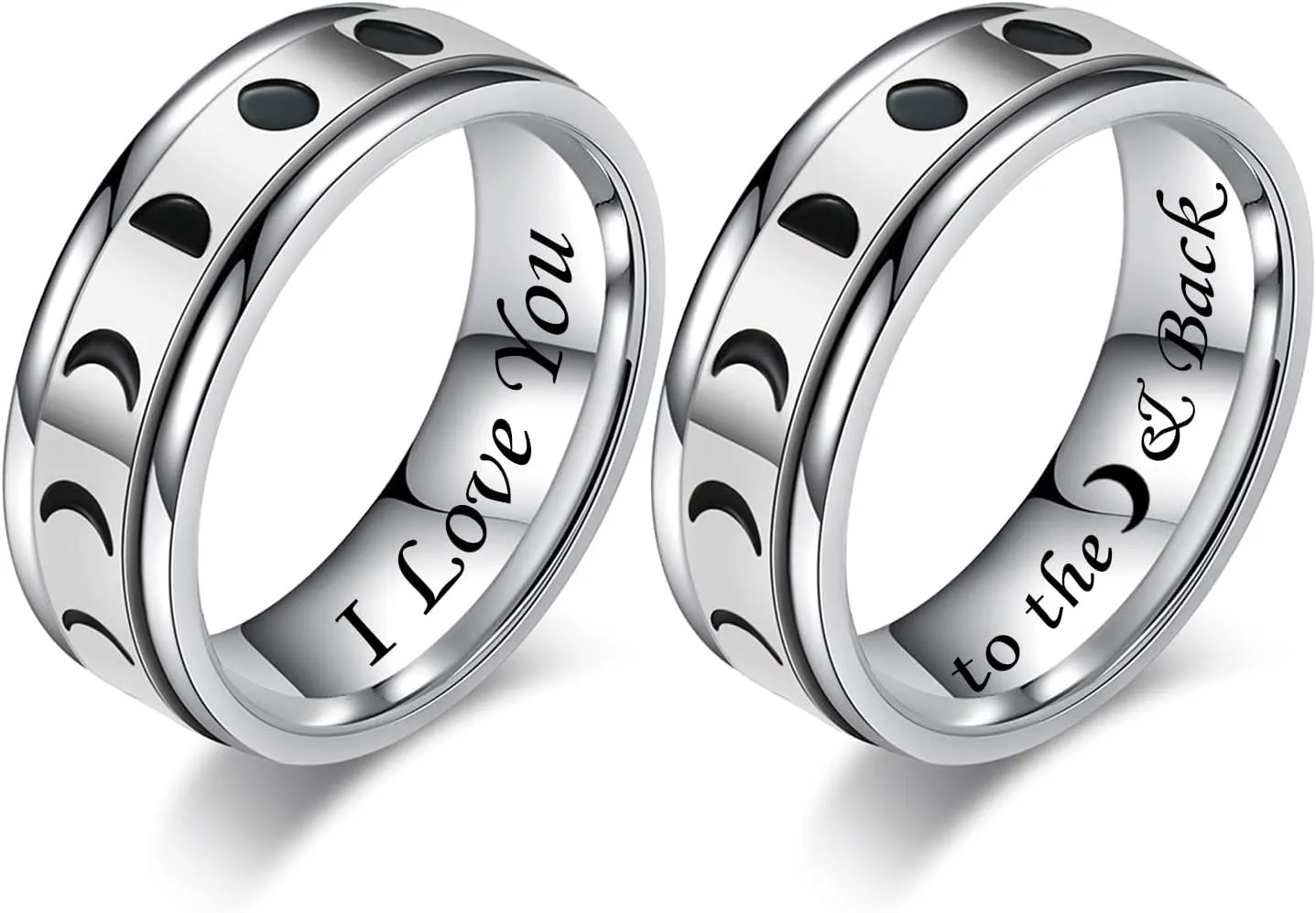 I Love You to The Moon & Back Couple Rings for Boyfriend Girlfriend Vintage Moon Phase Stainless Steel Spinner Rings Wedding Band Promise Engagement Ring for Him and Her,Silver