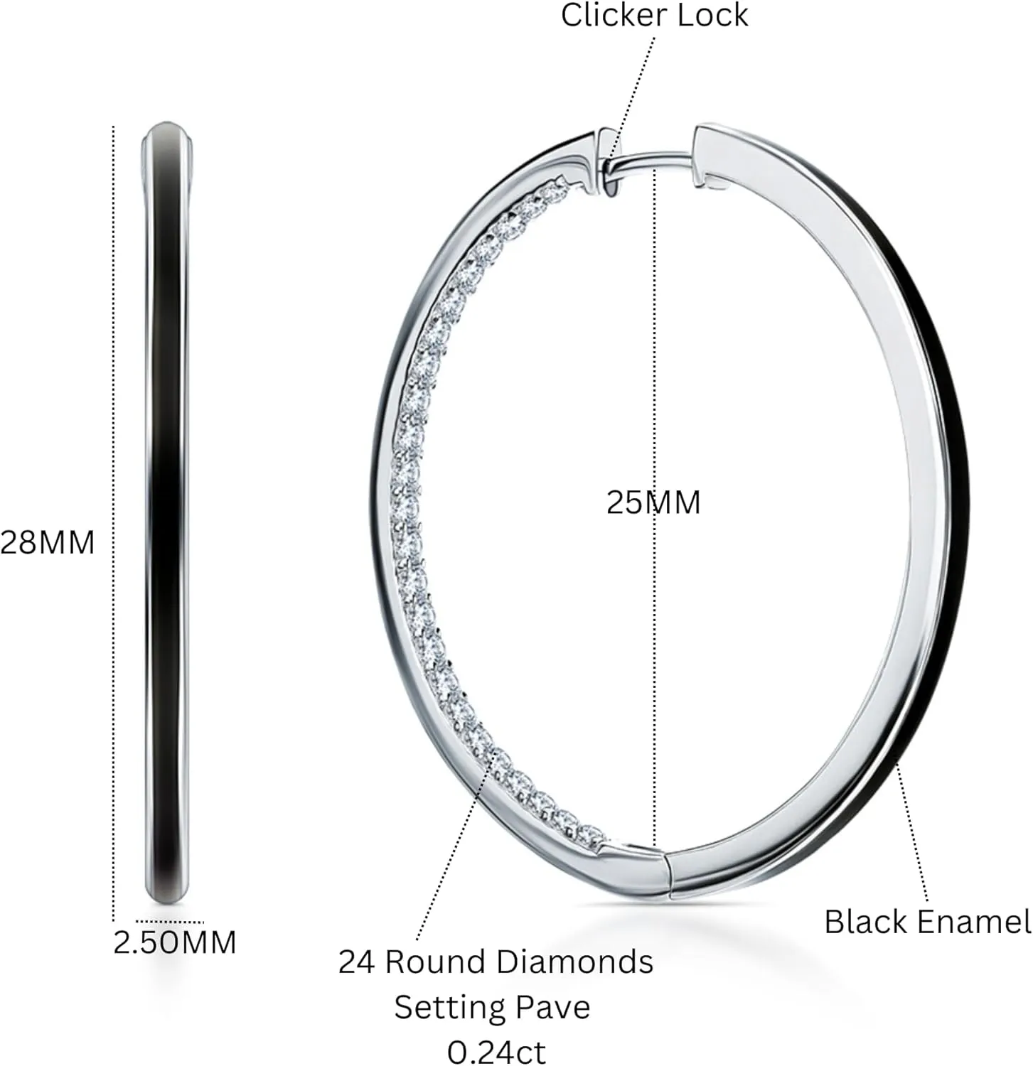 Inner-Outer Hoop Earrings, Enamel Diamond (0.48ct) Huggies Hoop Earrings, 14k Gold Half String Hoop, Earrings For Women.