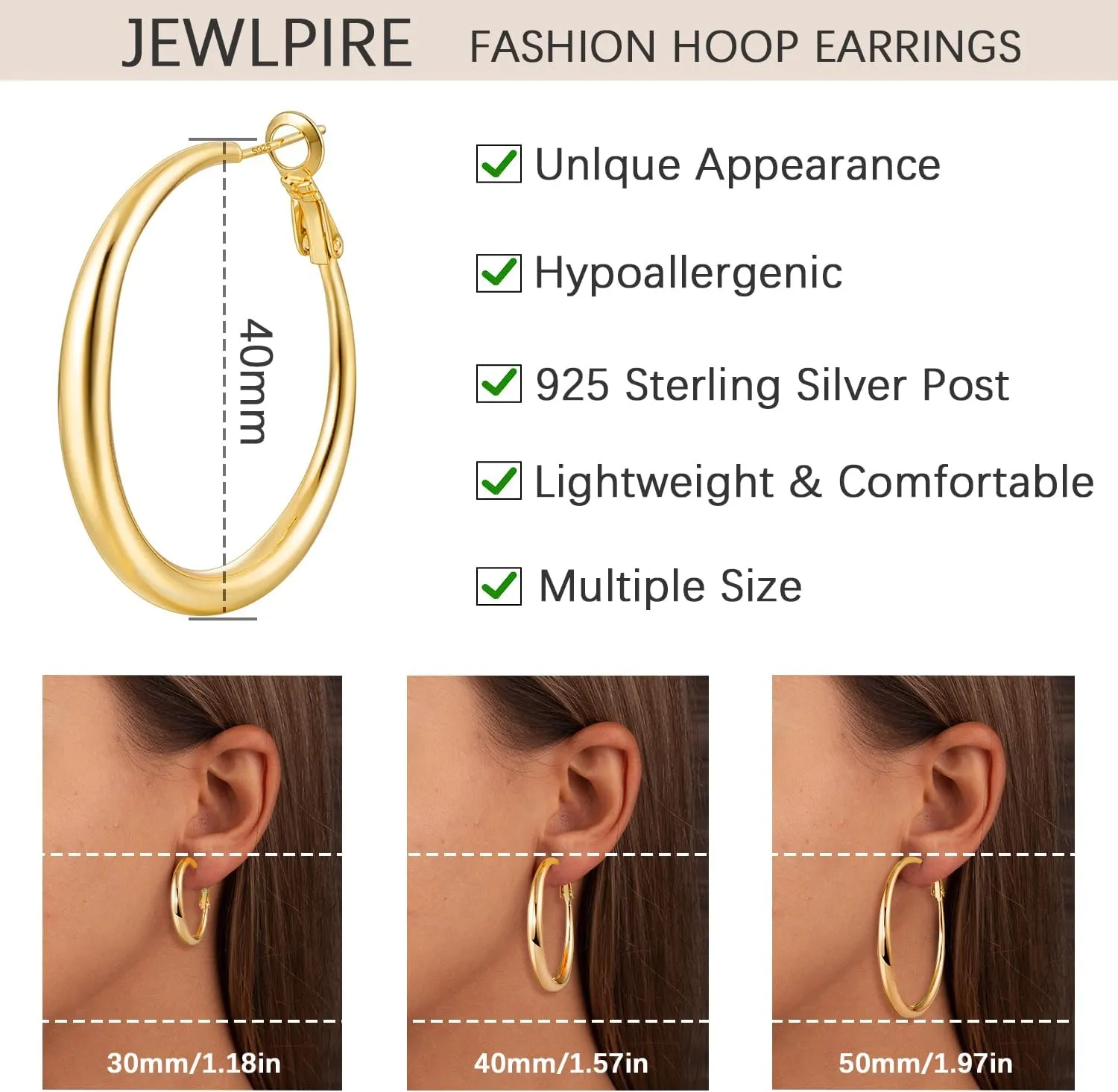 Jewlpire Gifts for Women 14K Gold Plated Hoop Earrings with 925 Stering Silver Post, Lightweight & Hypoallergenic Gold/Silver/Rose Gold Hoop Earrings for Women 30mm/40mm/50mm/60mm