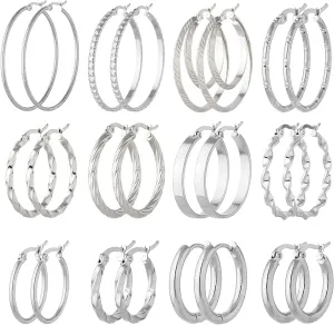 Jinxiuge 12 Pairs Gold Hoop Earrings Set Stainless Steel Twisted Round Small Chunky Hoop Earrings for Women