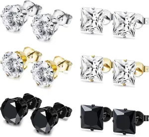 JOERCIA Stainless Steel Stud Earrings Round and Square 4-8MM Inlaid with Cubic Zirconia in Silver, Gold and Black